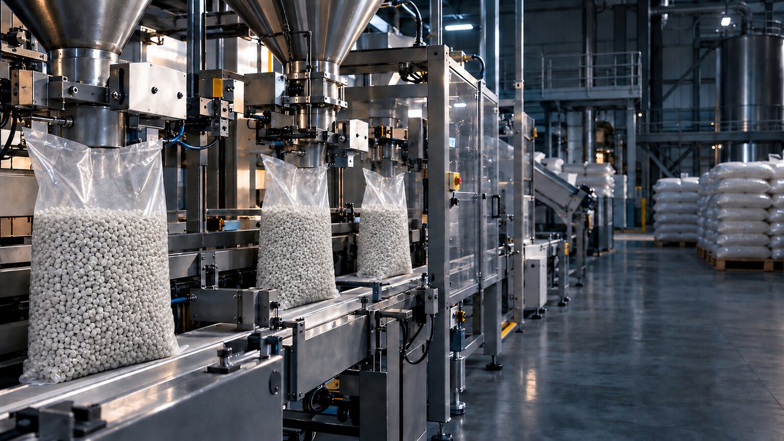 Illustration of industrial equipment filling polymer granules into bags